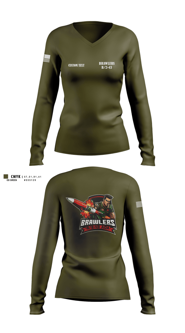 Womens Long Sleeve Vneck Shirt, Brawlers, Army, Teamtime, Team time, sublimation, custom sports apparel, team uniforms, spirit wear, spiritwear, sports uniforms, custom shirts, team store, custom team store, fundraiser sports, apparel fundraiser