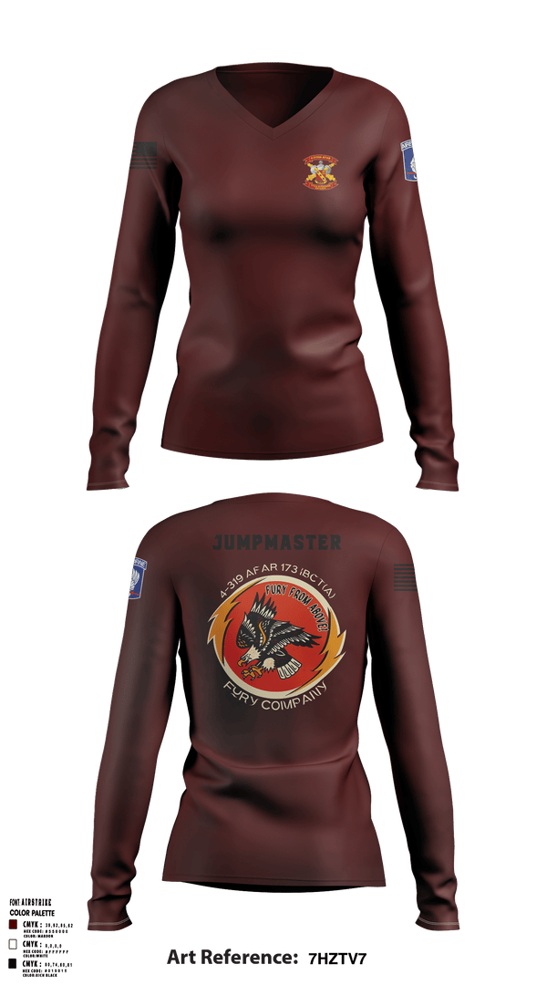 Womens Long Sleeve Vneck Shirt, FCO 4-319 AFAR, 173 IBCT(A), Army, Teamtime, Team time, sublimation, custom sports apparel, team uniforms, spirit wear, spiritwear, sports uniforms, custom shirts, team store, custom team store, fundraiser sports, apparel fundraiser