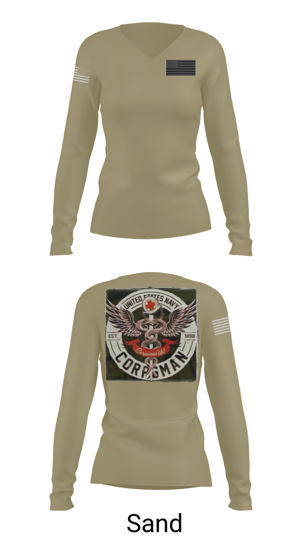 Womens Long Sleeve Vneck Shirt, Hospital Corpsman, , Teamtime, Team time, sublimation, custom sports apparel, team uniforms, spirit wear, spiritwear, sports uniforms, custom shirts, team store, custom team store, fundraiser sports, apparel fundraiser