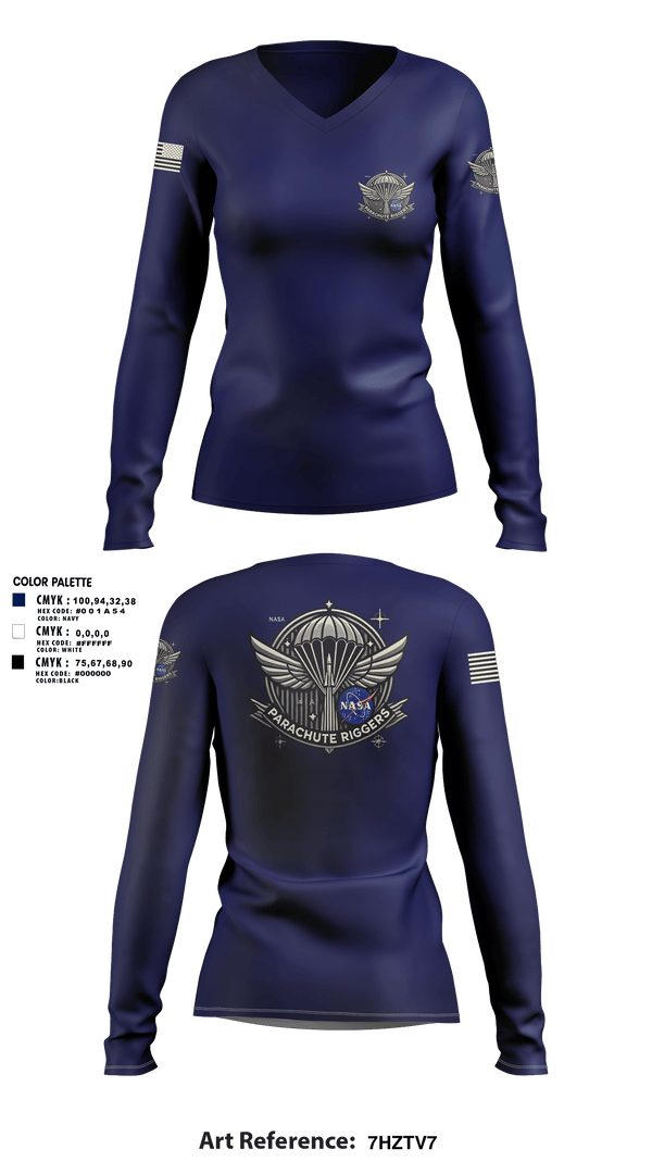 Womens Long Sleeve Vneck Shirt, NASA PARACHUTE RIGGERS, , Teamtime, Team time, sublimation, custom sports apparel, team uniforms, spirit wear, spiritwear, sports uniforms, custom shirts, team store, custom team store, fundraiser sports, apparel fundraiser