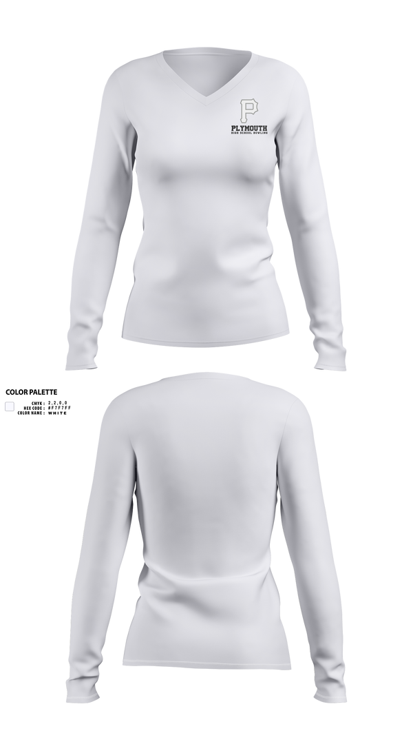 Womens Long Sleeve Vneck Shirt, Plymouth Bowling, Bowling, Teamtime, Team time, sublimation, custom sports apparel, team uniforms, spirit wear, spiritwear, sports uniforms, custom shirts, team store, custom team store, fundraiser sports, apparel fundraiser