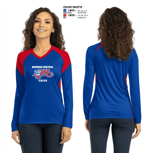 Womens Long Sleeve Vneck Shirt 1, Warren Central High School Cheer, Cheer, Teamtime, Team time, sublimation, custom sports apparel, team uniforms, spirit wear, spiritwear, sports uniforms, custom shirts, team store, custom team store, fundraiser sports, apparel fundraiser
