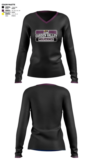Womens Long Sleeve Vneck Shirt, Garden Valley Wolverines, Spirit Store, Teamtime, Team time, sublimation, custom sports apparel, team uniforms, spirit wear, spiritwear, sports uniforms, custom shirts, team store, custom team store, fundraiser sports, apparel fundraiser