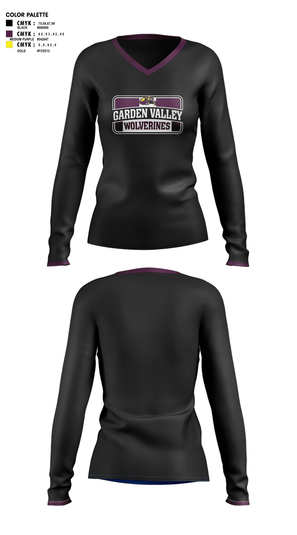 Womens Long Sleeve Vneck Shirt, Garden Valley Wolverines, Spirit Store, Teamtime, Team time, sublimation, custom sports apparel, team uniforms, spirit wear, spiritwear, sports uniforms, custom shirts, team store, custom team store, fundraiser sports, apparel fundraiser