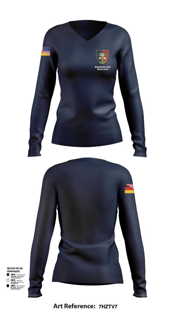 Womens Long Sleeve Vneck Shirt, U.S. Army Health Clinic - Baumholder, Army, Teamtime, Team time, sublimation, custom sports apparel, team uniforms, spirit wear, spiritwear, sports uniforms, custom shirts, team store, custom team store, fundraiser sports, apparel fundraiser