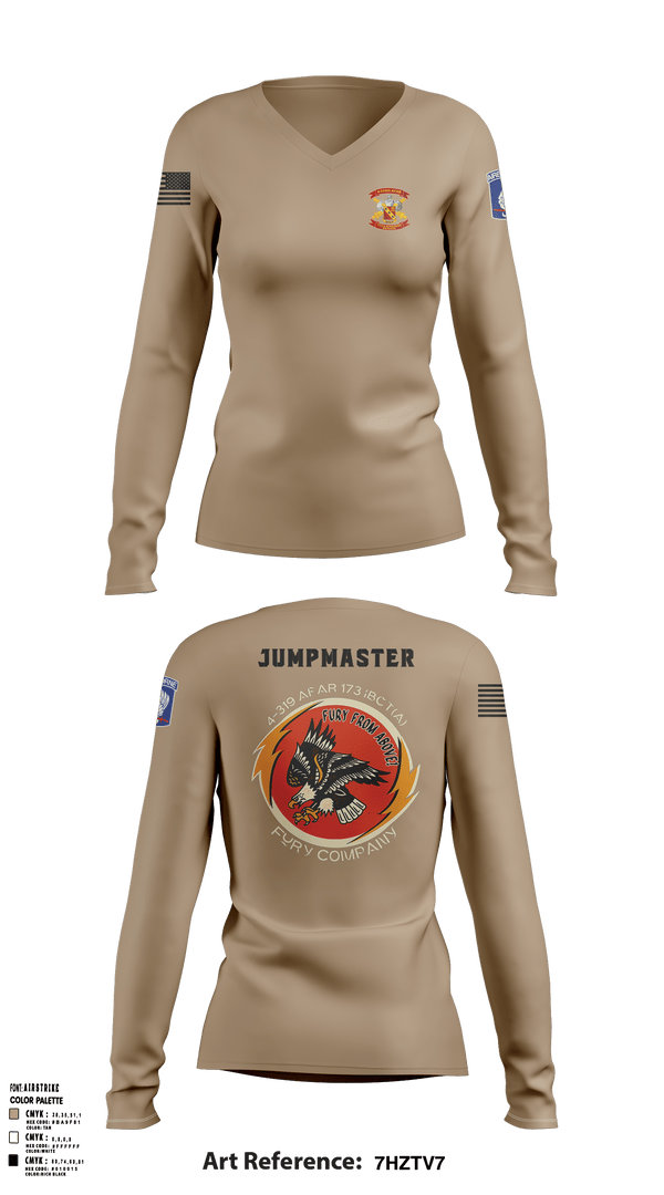 Womens Long Sleeve Vneck Shirt, FCO 4-319 AFAR, 173 IBCT(A), Army, Teamtime, Team time, sublimation, custom sports apparel, team uniforms, spirit wear, spiritwear, sports uniforms, custom shirts, team store, custom team store, fundraiser sports, apparel fundraiser