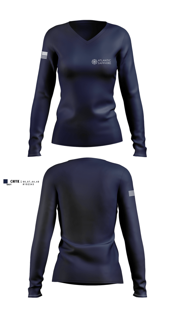 Womens Long Sleeve Vneck Shirt 1, Atlantic Sapphire, Army, Teamtime, Team time, sublimation, custom sports apparel, team uniforms, spirit wear, spiritwear, sports uniforms, custom shirts, team store, custom team store, fundraiser sports, apparel fundraiser