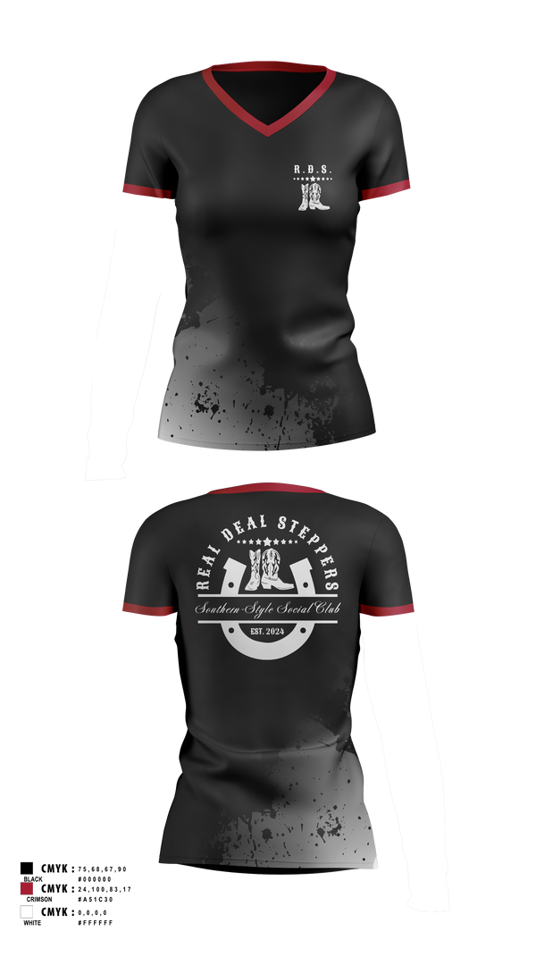 Womens Short Sleeve Vneck Shirt, Real Deal Steppers, Spirit Store, Teamtime, Team time, sublimation, custom sports apparel, team uniforms, spirit wear, spiritwear, sports uniforms, custom shirts, team store, custom team store, fundraiser sports, apparel fundraiser