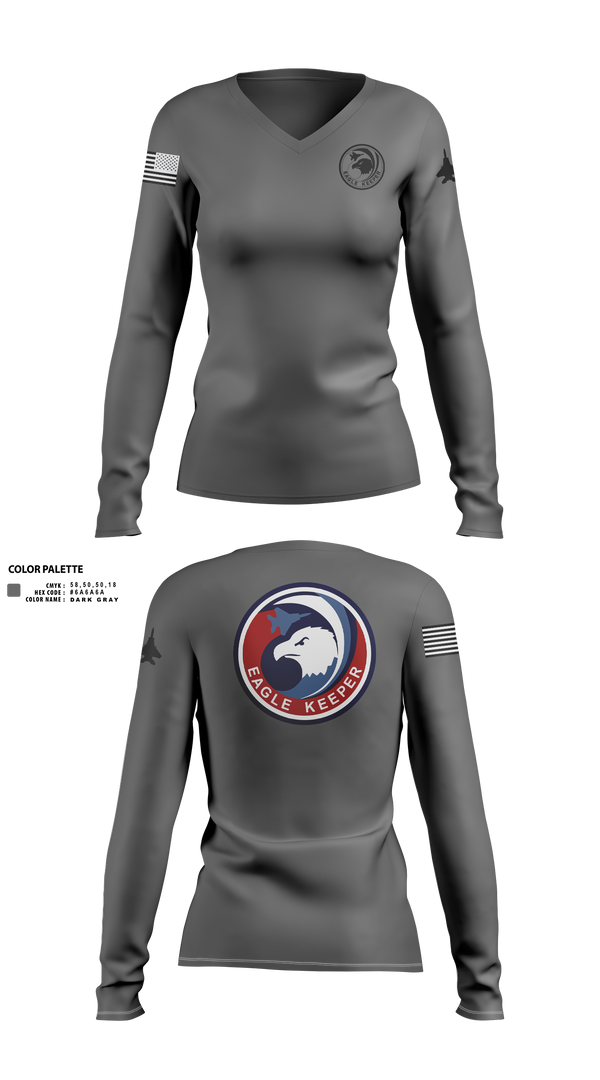 Womens Long Sleeve Vneck Shirt, Strike Eagle Keeper, Air Force, Teamtime, Team time, sublimation, custom sports apparel, team uniforms, spirit wear, spiritwear, sports uniforms, custom shirts, team store, custom team store, fundraiser sports, apparel fundraiser