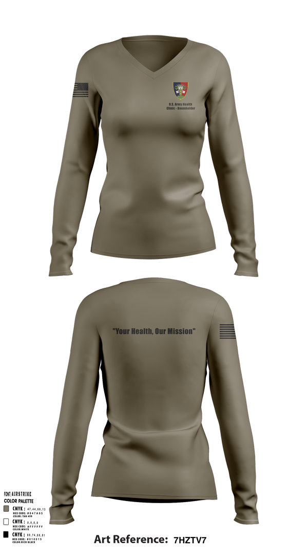 Women's Long Sleeve Vneck Shirt, U.S. Army Health Clinic - Baumholder, Army, Teamtime, Team time, sublimation, custom sports apparel, team uniforms, spirit wear, spiritwear, sports uniforms, custom shirts, team store, custom team store, fundraiser sports, apparel fundraiser
