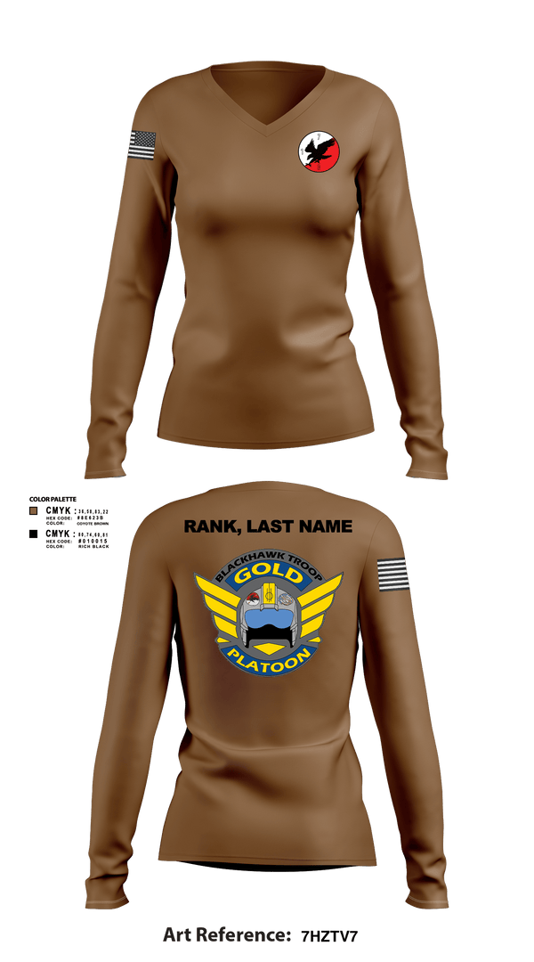 Womens Long Sleeve Vneck Shirt, Savage Platoon, 2-7 CAV1/7 CAV, Blackhawk Troop, Gold Platoon, Army, Teamtime, Team time, sublimation, custom sports apparel, team uniforms, spirit wear, spiritwear, sports uniforms, custom shirts, team store, custom team store, fundraiser sports, apparel fundraiser