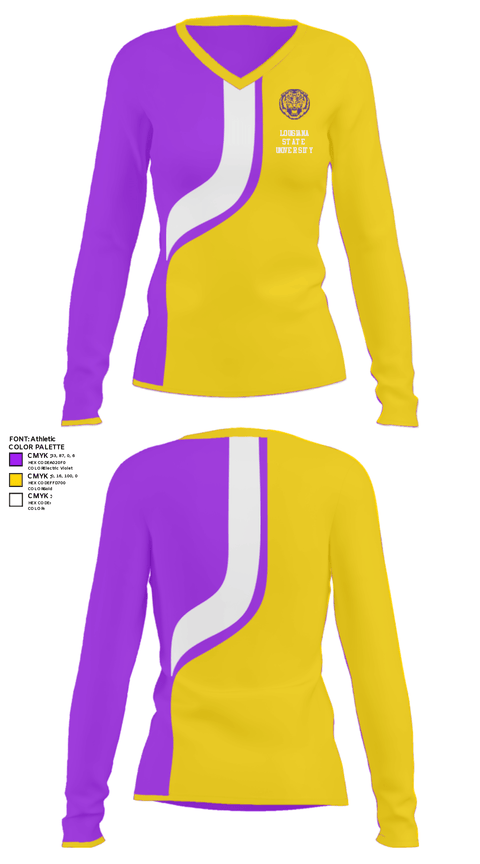 Women's Long Sleeve Vneck Shirt, Louisiana State University, Spirit Store, Teamtime, Team time, sublimation, custom sports apparel, team uniforms, spirit wear, spiritwear, sports uniforms, custom shirts, team store, custom team store, fundraiser sports, apparel fundraiser