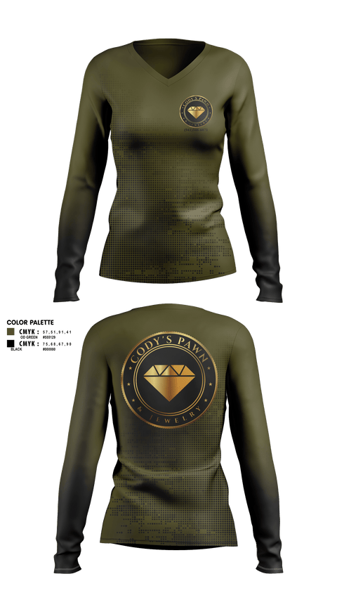 Womens Long Sleeve Vneck Shirt, Cody’s Pawn & Jewelry, , Teamtime, Team time, sublimation, custom sports apparel, team uniforms, spirit wear, spiritwear, sports uniforms, custom shirts, team store, custom team store, fundraiser sports, apparel fundraiser