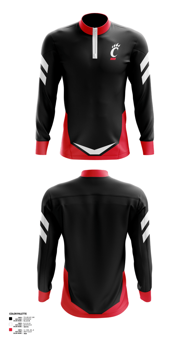 Quarter Zip Jacket, University of Cincinnati Golf, Golf, Teamtime, Team time, sublimation, custom sports apparel, team uniforms, spirit wear, spiritwear, sports uniforms, custom shirts, team store, custom team store, fundraiser sports, apparel fundraiser
