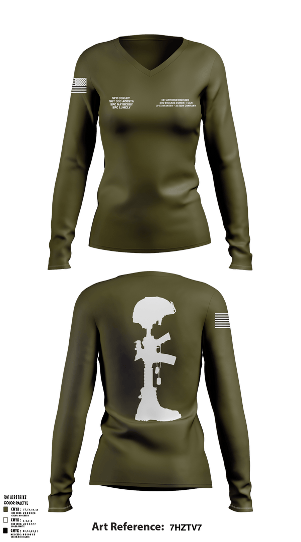 Womens Long Sleeve Vneck Shirt, 1st Armored Division - 3rd Brigade Combat Team - 2-5 Infantry Action Company, Army, Teamtime, Team time, sublimation, custom sports apparel, team uniforms, spirit wear, spiritwear, sports uniforms, custom shirts, team store, custom team store, fundraiser sports, apparel fundraiser