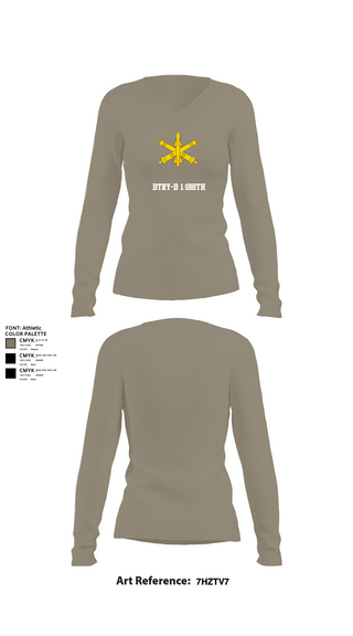 Womens Long Sleeve Vneck Shirt, BTRY-B 1/188th, National Guard, Teamtime, Team time, sublimation, custom sports apparel, team uniforms, spirit wear, spiritwear, sports uniforms, custom shirts, team store, custom team store, fundraiser sports, apparel fundraiser