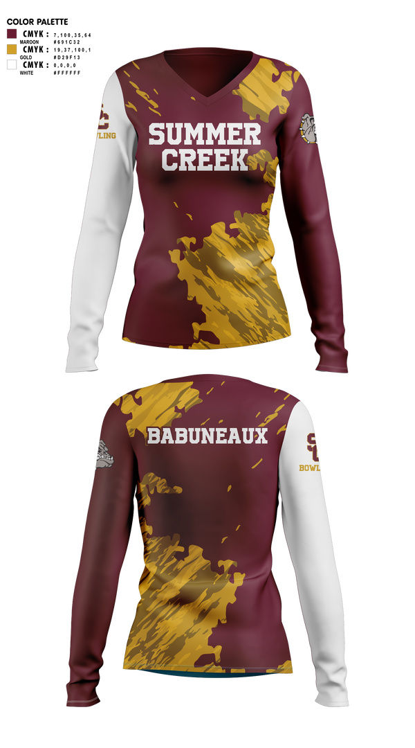 Womens Long Sleeve Vneck Shirt, Summer Creek High School Bowling, Bowling, Teamtime, Team time, sublimation, custom sports apparel, team uniforms, spirit wear, spiritwear, sports uniforms, custom shirts, team store, custom team store, fundraiser sports, apparel fundraiser