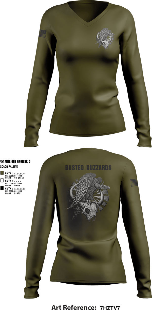 Women's Long Sleeve Vneck Shirt, CREW 3 BUSTED BUZZARDS, Army, Teamtime, Team time, sublimation, custom sports apparel, team uniforms, spirit wear, spiritwear, sports uniforms, custom shirts, team store, custom team store, fundraiser sports, apparel fundraiser