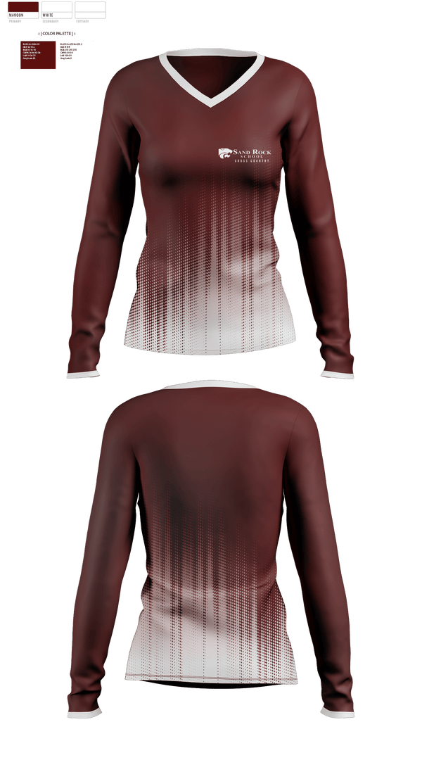 Womens Long Sleeve Vneck Shirt, Sand Rock High School Cross Country, Cross Country, Teamtime, Team time, sublimation, custom sports apparel, team uniforms, spirit wear, spiritwear, sports uniforms, custom shirts, team store, custom team store, fundraiser sports, apparel fundraiser