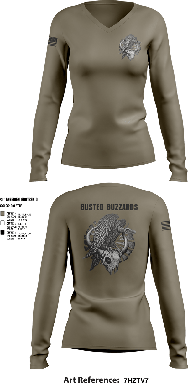 Women's Long Sleeve Vneck Shirt, CREW 3 BUSTED BUZZARDS, Army, Teamtime, Team time, sublimation, custom sports apparel, team uniforms, spirit wear, spiritwear, sports uniforms, custom shirts, team store, custom team store, fundraiser sports, apparel fundraiser