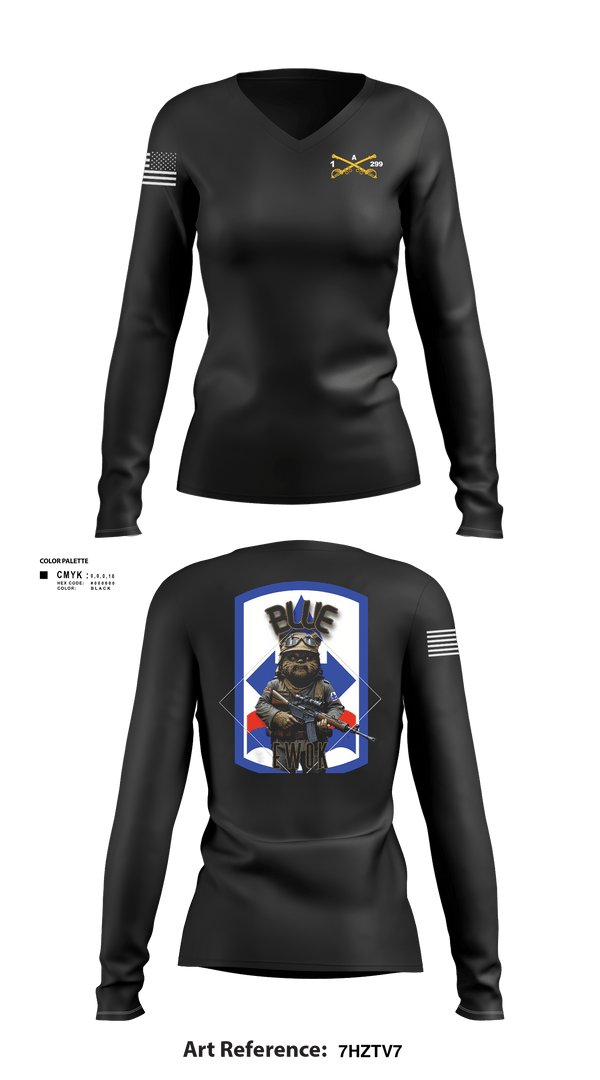 Womens Long Sleeve Vneck Shirt 1, Bad boyzBlue Ewok, Army, Teamtime, Team time, sublimation, custom sports apparel, team uniforms, spirit wear, spiritwear, sports uniforms, custom shirts, team store, custom team store, fundraiser sports, apparel fundraiser