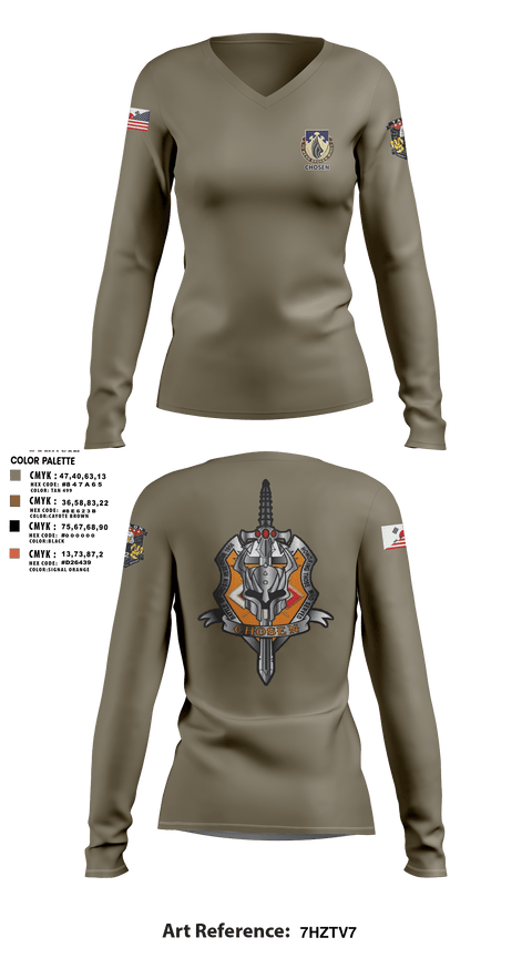 Women's Long Sleeve Vneck Shirt, C-Co 602D ASB, Army, Teamtime, Team time, sublimation, custom sports apparel, team uniforms, spirit wear, spiritwear, sports uniforms, custom shirts, team store, custom team store, fundraiser sports, apparel fundraiser