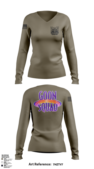 Womens Long Sleeve Vneck Shirt, GOON SQUAD, Army, Teamtime, Team time, sublimation, custom sports apparel, team uniforms, spirit wear, spiritwear, sports uniforms, custom shirts, team store, custom team store, fundraiser sports, apparel fundraiser