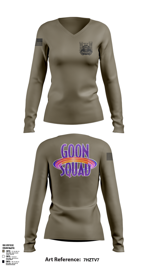 Womens Long Sleeve Vneck Shirt, GOON SQUAD, Army, Teamtime, Team time, sublimation, custom sports apparel, team uniforms, spirit wear, spiritwear, sports uniforms, custom shirts, team store, custom team store, fundraiser sports, apparel fundraiser