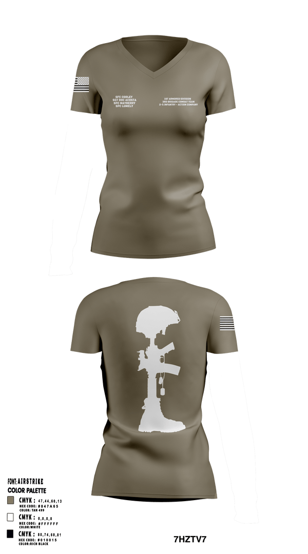 Womens Short Sleeve Vneck Shirt, 1st Armored Division - 3rd Brigade Combat Team - 2-5 Infantry Action Company, Army, Teamtime, Team time, sublimation, custom sports apparel, team uniforms, spirit wear, spiritwear, sports uniforms, custom shirts, team store, custom team store, fundraiser sports, apparel fundraiser
