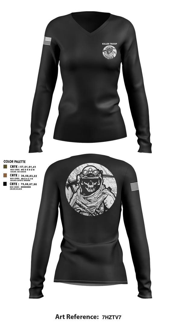 Women's Long Sleeve Vneck Shirt, Killer Troop, Army, Teamtime, Team time, sublimation, custom sports apparel, team uniforms, spirit wear, spiritwear, sports uniforms, custom shirts, team store, custom team store, fundraiser sports, apparel fundraiser