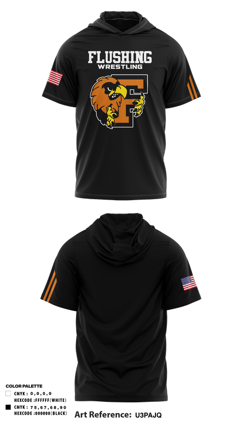 Short Sleeve Performance Shirt with hood, Flushing High School Wrestling, Wrestling, Teamtime, Team time, sublimation, custom sports apparel, team uniforms, spirit wear, spiritwear, sports uniforms, custom shirts, team store, custom team store, fundraiser sports, apparel fundraiser