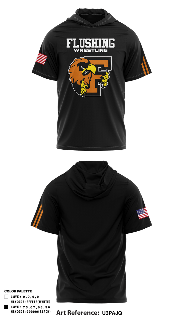 Short Sleeve Performance Shirt with hood, Flushing High School Wrestling, Wrestling, Teamtime, Team time, sublimation, custom sports apparel, team uniforms, spirit wear, spiritwear, sports uniforms, custom shirts, team store, custom team store, fundraiser sports, apparel fundraiser