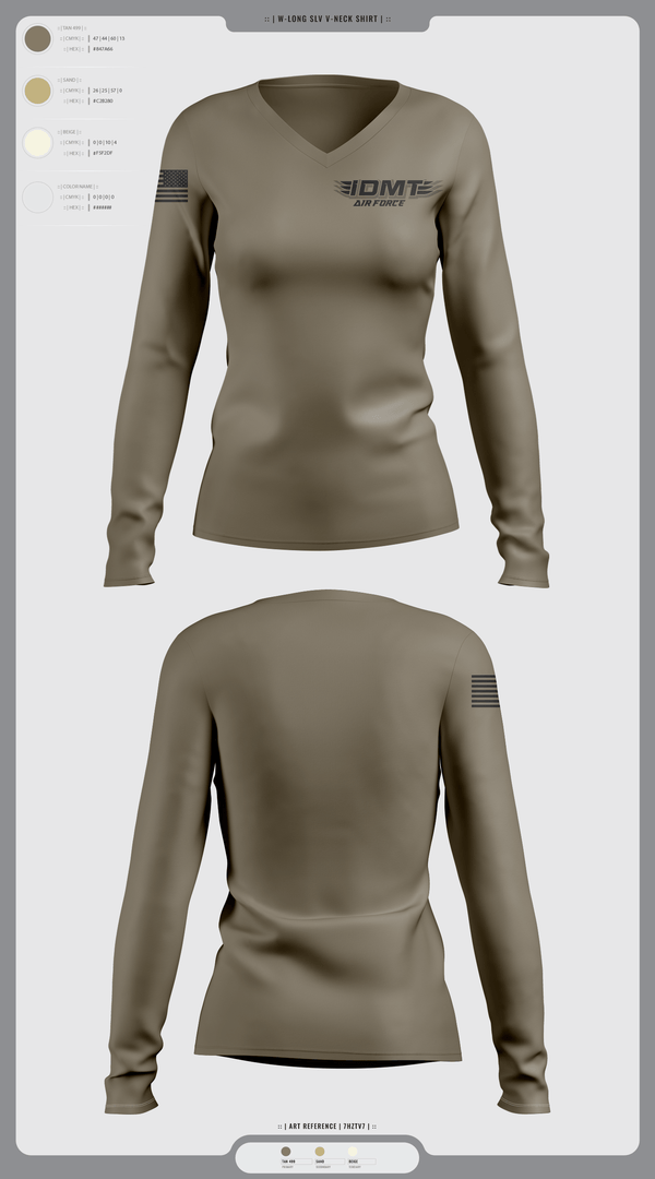 Womens Long Sleeve Vneck Shirt, IDMT, Air Force, Teamtime, Team time, sublimation, custom sports apparel, team uniforms, spirit wear, spiritwear, sports uniforms, custom shirts, team store, custom team store, fundraiser sports, apparel fundraiser