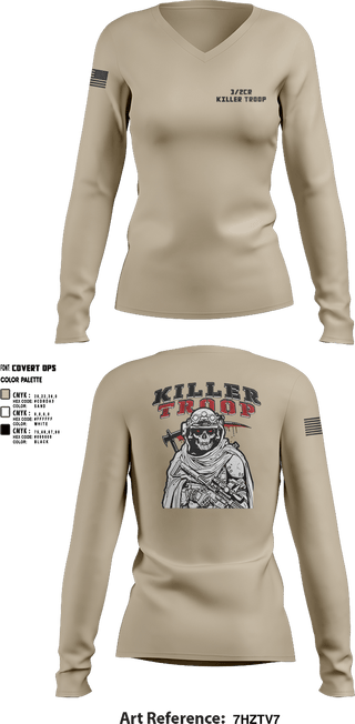 Womens Long Sleeve Vneck Shirt, 3/2CR Killer Troop, Army, Teamtime, Team time, sublimation, custom sports apparel, team uniforms, spirit wear, spiritwear, sports uniforms, custom shirts, team store, custom team store, fundraiser sports, apparel fundraiser