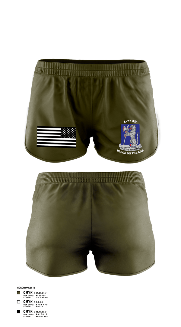 Womens Shorts, 1-77 AR A Co., Army, Teamtime, Team time, sublimation, custom sports apparel, team uniforms, spirit wear, spiritwear, sports uniforms, custom shirts, team store, custom team store, fundraiser sports, apparel fundraiser