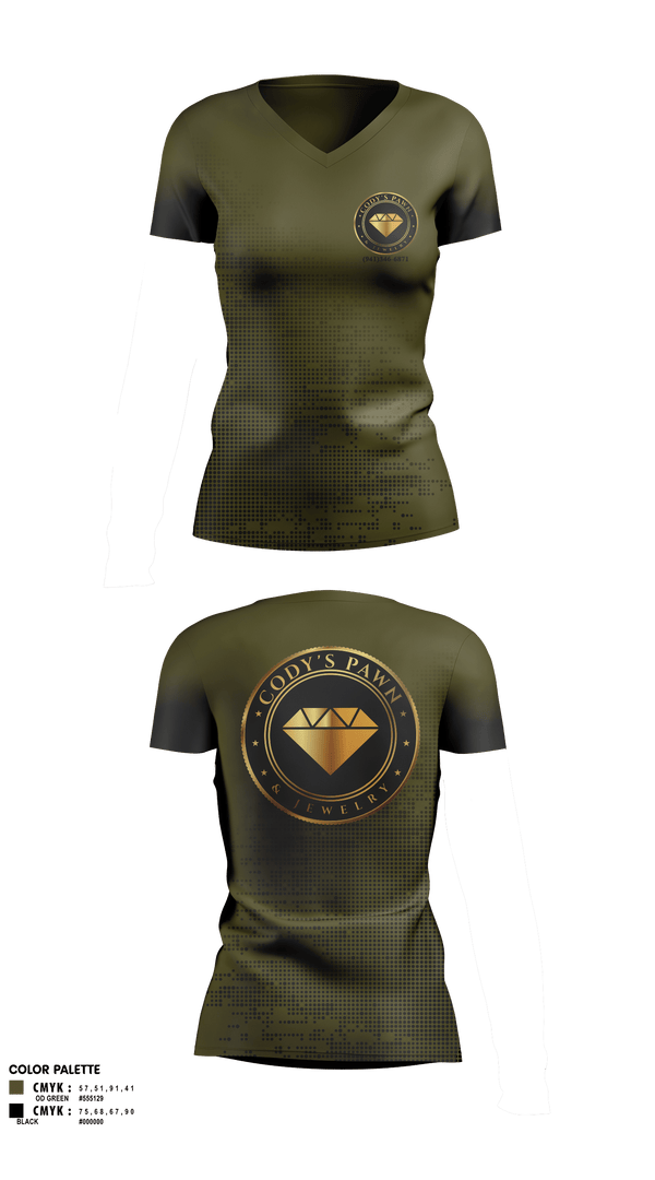 Womens Short Sleeve Vneck Shirt, Cody’s Pawn & Jewelry, , Teamtime, Team time, sublimation, custom sports apparel, team uniforms, spirit wear, spiritwear, sports uniforms, custom shirts, team store, custom team store, fundraiser sports, apparel fundraiser