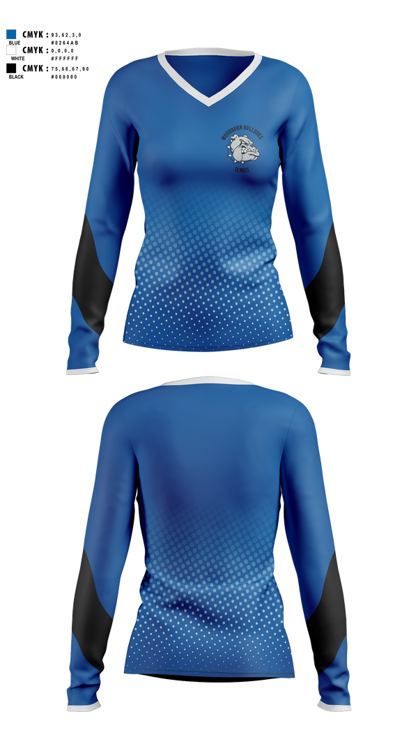 Womens Long Sleeve Vneck Shirt, Woodburn Bulldogs, Tennis, Teamtime, Team time, sublimation, custom sports apparel, team uniforms, spirit wear, spiritwear, sports uniforms, custom shirts, team store, custom team store, fundraiser sports, apparel fundraiser
