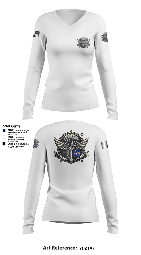 Womens Long Sleeve Vneck Shirt, NASA PARACHUTE RIGGERS, , Teamtime, Team time, sublimation, custom sports apparel, team uniforms, spirit wear, spiritwear, sports uniforms, custom shirts, team store, custom team store, fundraiser sports, apparel fundraiser
