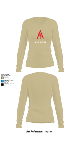 Women's Long Sleeve Vneck Shirt, A Co. 1-3 AB, Army, Teamtime, Team time, sublimation, custom sports apparel, team uniforms, spirit wear, spiritwear, sports uniforms, custom shirts, team store, custom team store, fundraiser sports, apparel fundraiser