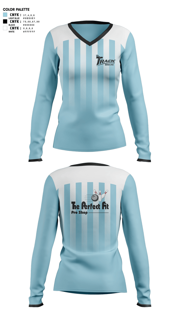 Womens Long Sleeve Vneck Shirt, The Perfect Pro Shop, Bowling, Teamtime, Team time, sublimation, custom sports apparel, team uniforms, spirit wear, spiritwear, sports uniforms, custom shirts, team store, custom team store, fundraiser sports, apparel fundraiser