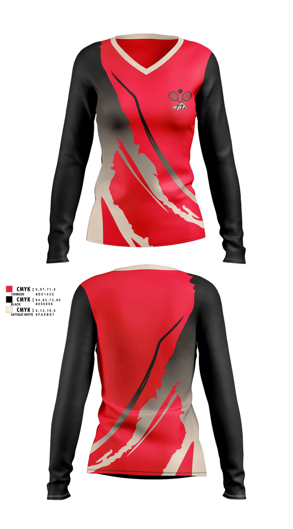 Womens Long Sleeve Vneck Shirt, North Penn-Liberty Mounties, Tennis, Teamtime, Team time, sublimation, custom sports apparel, team uniforms, spirit wear, spiritwear, sports uniforms, custom shirts, team store, custom team store, fundraiser sports, apparel fundraiser