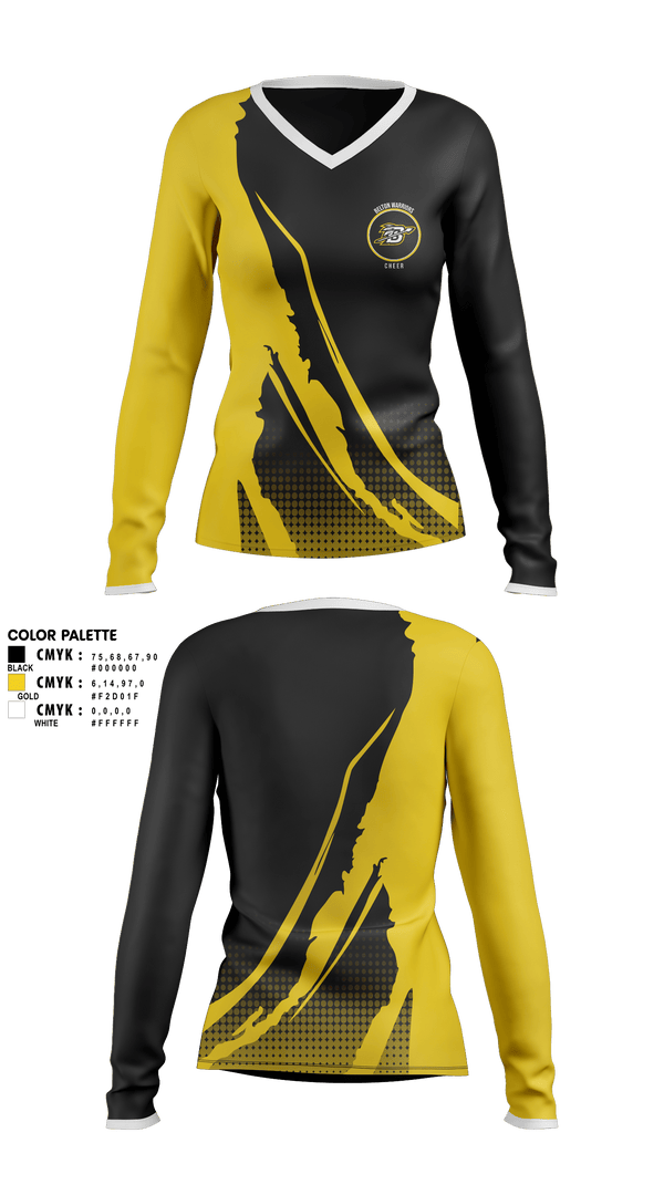 Womens Long Sleeve Vneck Shirt, Belton Middle School Warriors Cheer, Cheer, Teamtime, Team time, sublimation, custom sports apparel, team uniforms, spirit wear, spiritwear, sports uniforms, custom shirts, team store, custom team store, fundraiser sports, apparel fundraiser