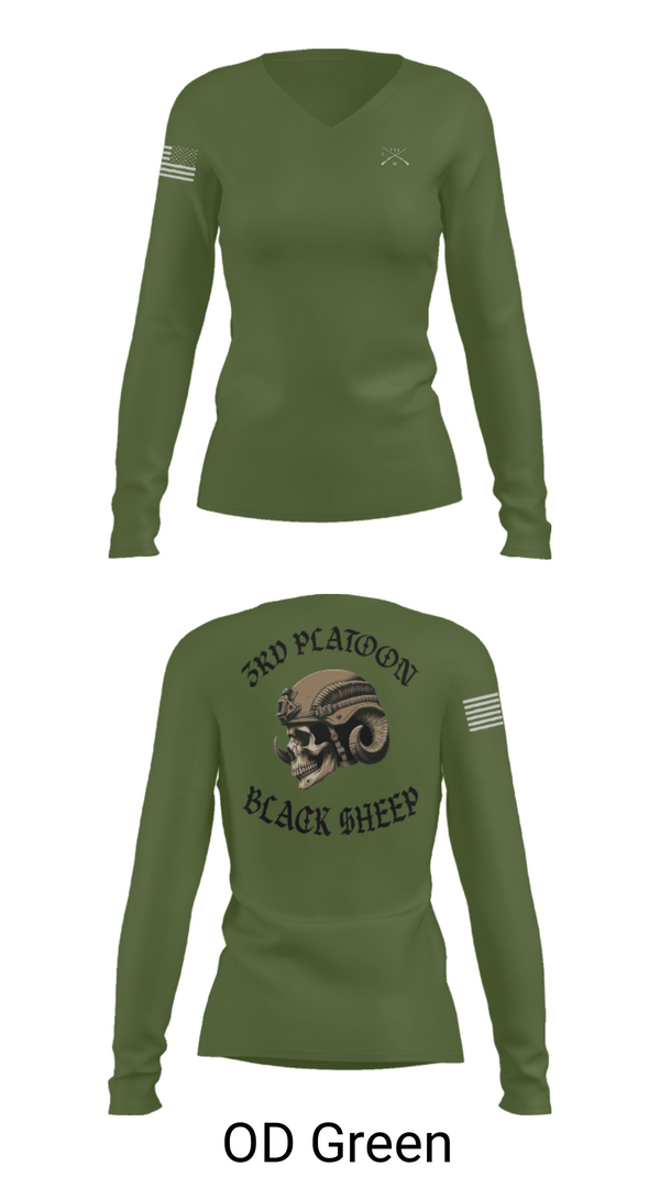 Women's Long Sleeve Vneck Shirt, 3rd PLT Black Sheep, Army, Teamtime, Team time, sublimation, custom sports apparel, team uniforms, spirit wear, spiritwear, sports uniforms, custom shirts, team store, custom team store, fundraiser sports, apparel fundraiser