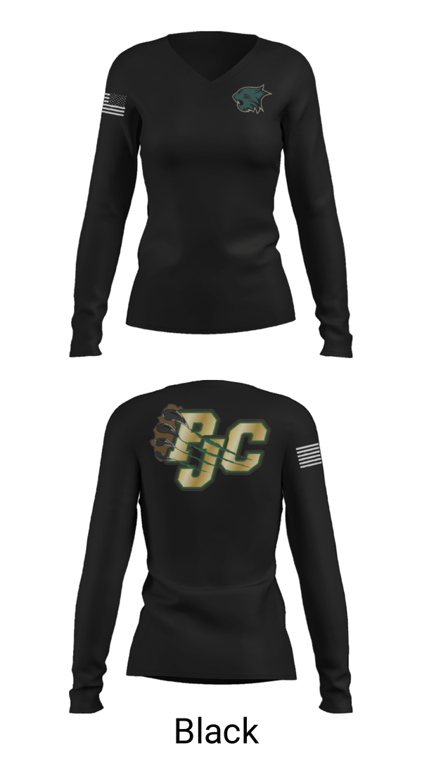 Women's Long Sleeve Vneck Shirt, Plainfield Junior Cats Football/Cheer, Football, Teamtime, Team time, sublimation, custom sports apparel, team uniforms, spirit wear, spiritwear, sports uniforms, custom shirts, team store, custom team store, fundraiser sports, apparel fundraiser