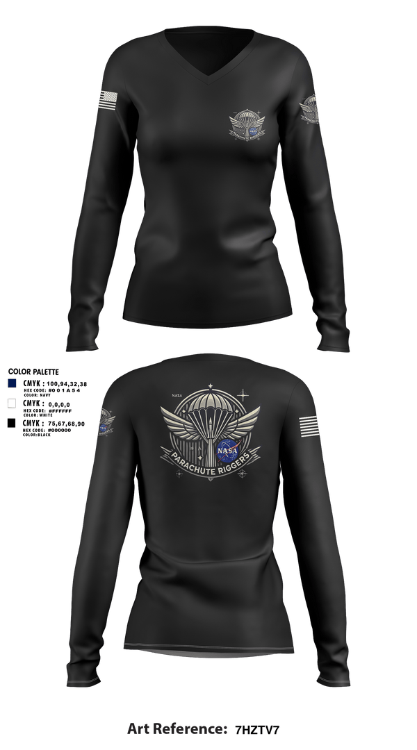 Womens Long Sleeve Vneck Shirt, NASA PARACHUTE RIGGERS, , Teamtime, Team time, sublimation, custom sports apparel, team uniforms, spirit wear, spiritwear, sports uniforms, custom shirts, team store, custom team store, fundraiser sports, apparel fundraiser