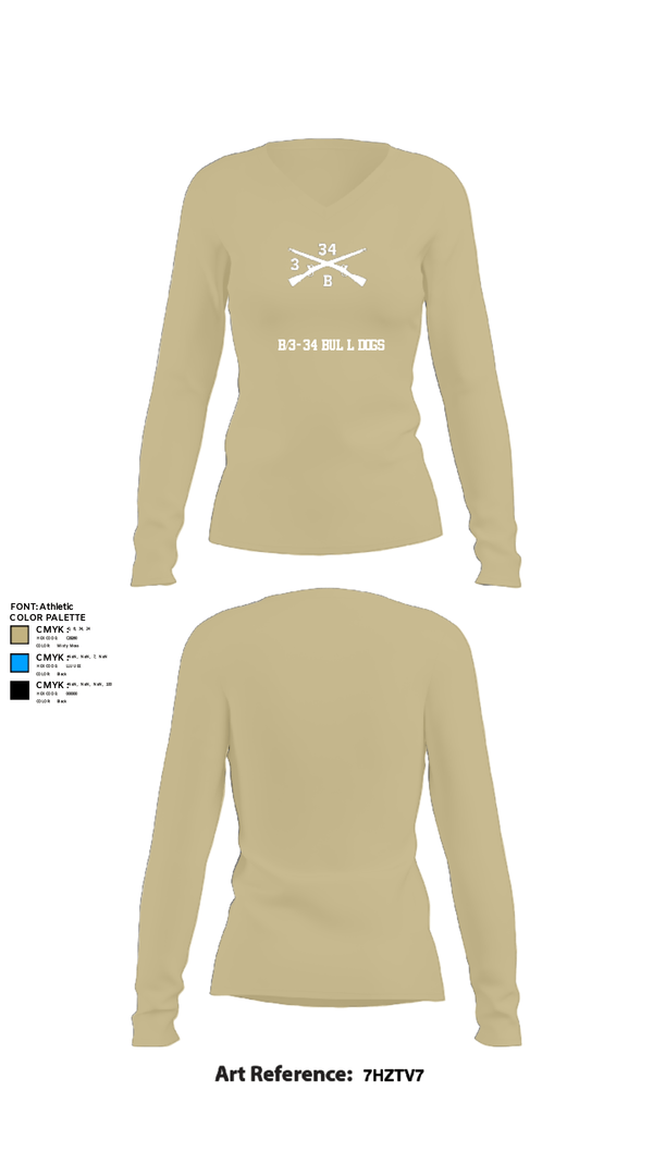 Women's Long Sleeve Vneck Shirt, B/3-34 Bulldogs, Army, Teamtime, Team time, sublimation, custom sports apparel, team uniforms, spirit wear, spiritwear, sports uniforms, custom shirts, team store, custom team store, fundraiser sports, apparel fundraiser