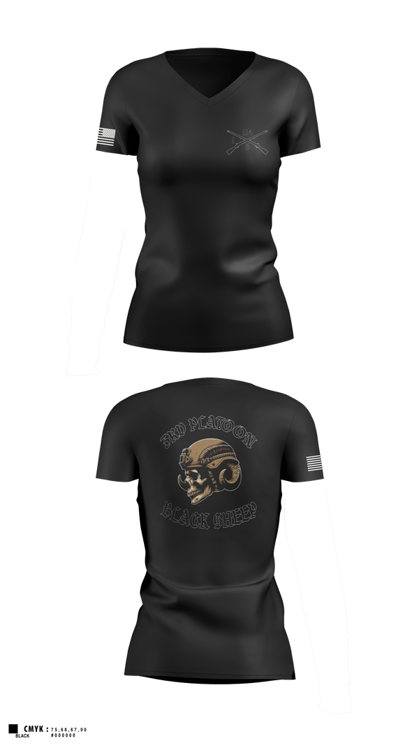 Women's Short Sleeve Vneck Shirt, 3rd PLT Black SheepDelta company 114, Army, Teamtime, Team time, sublimation, custom sports apparel, team uniforms, spirit wear, spiritwear, sports uniforms, custom shirts, team store, custom team store, fundraiser sports, apparel fundraiser