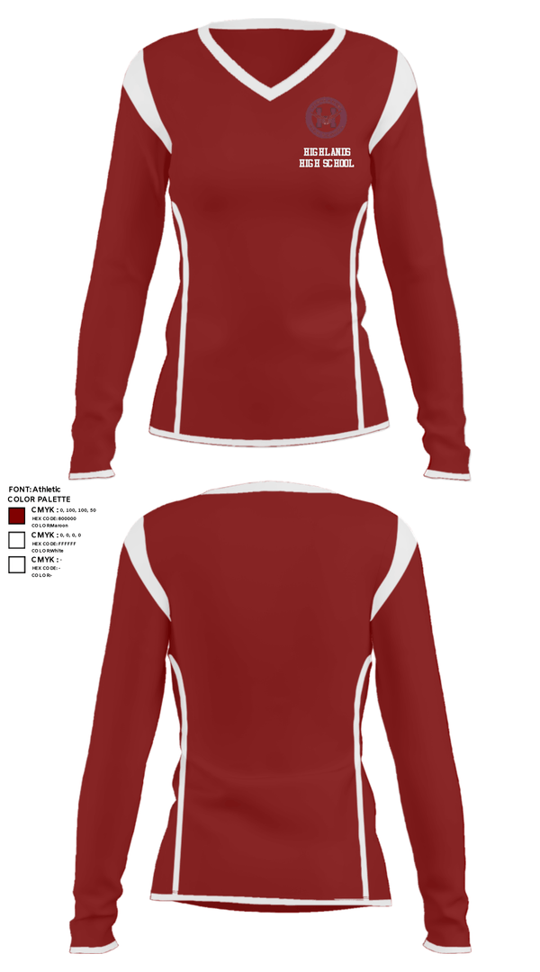 Women's Long Sleeve Vneck Shirt, Highlands High School, Spirit Store, Teamtime, Team time, sublimation, custom sports apparel, team uniforms, spirit wear, spiritwear, sports uniforms, custom shirts, team store, custom team store, fundraiser sports, apparel fundraiser