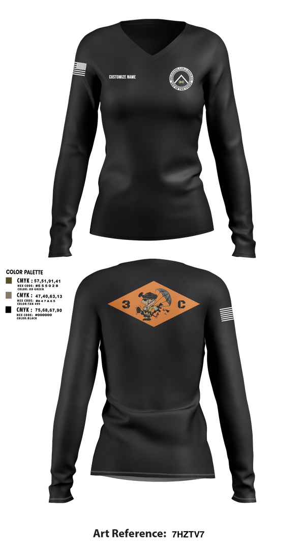 Womens Long Sleeve Vneck Shirt 1, 3rd Platoon, CCo, 1-508th PIR, , Teamtime, Team time, sublimation, custom sports apparel, team uniforms, spirit wear, spiritwear, sports uniforms, custom shirts, team store, custom team store, fundraiser sports, apparel fundraiser