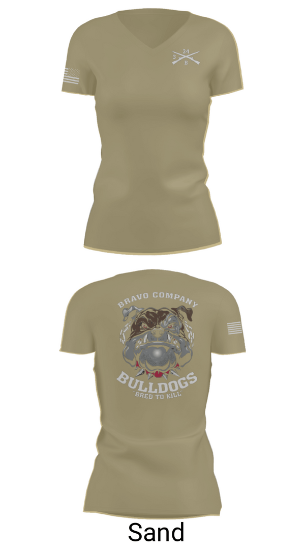Women's Short Sleeve Vneck Shirt, B/3-34 Bulldogs, Army, Teamtime, Team time, sublimation, custom sports apparel, team uniforms, spirit wear, spiritwear, sports uniforms, custom shirts, team store, custom team store, fundraiser sports, apparel fundraiser